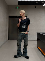 Cousin produces ERD melancholic rich second-generation six pointed star patch, distressed distressed, washed retro micro flared jeans