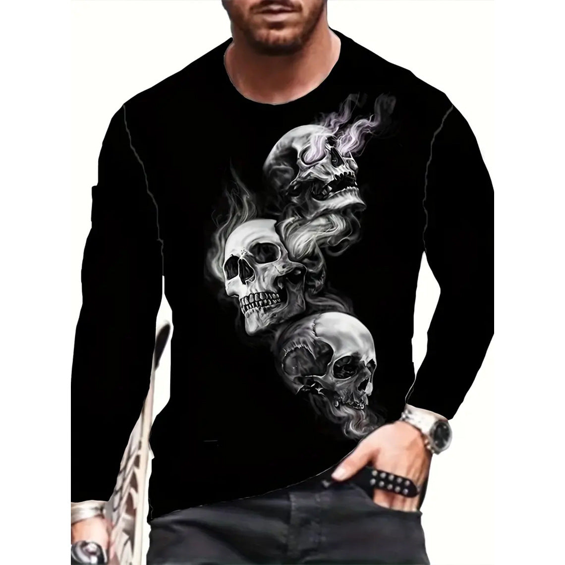 Retro Men's T-shirt 3D Printed Street Hip-hop Loose Crew Neck Casual Long Sleeve (1)