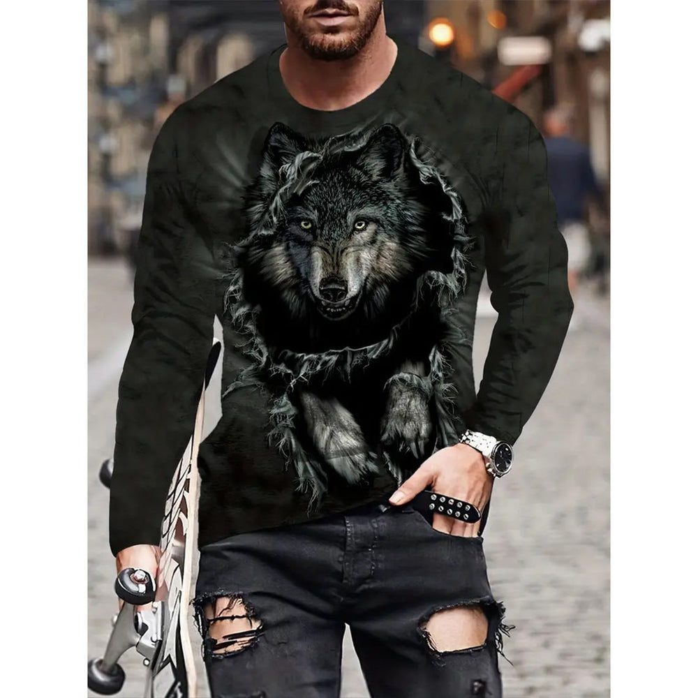 Retro Men's T-shirt 3D Printed Street Hip-hop Loose Crew Neck Casual Long Sleeve (1)