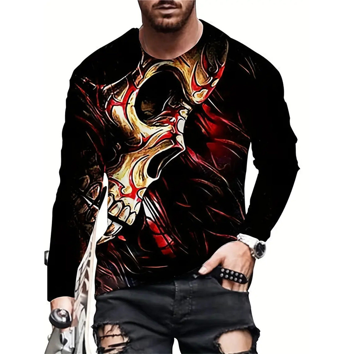 Retro Men's T-shirt 3D Printed Street Hip-hop Loose Crew Neck Casual Long Sleeve (1)