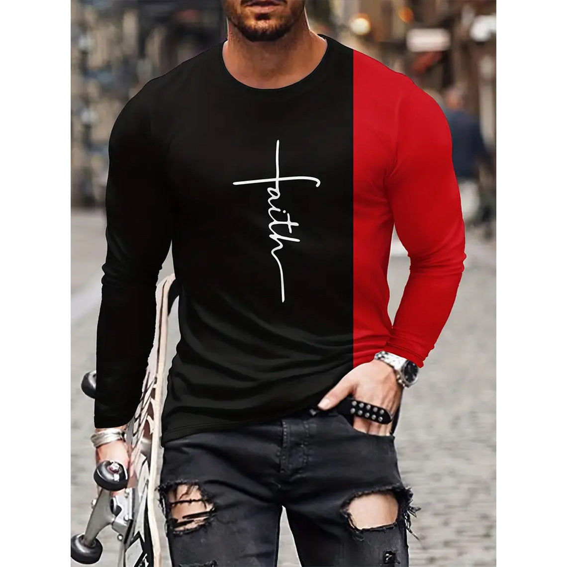 Retro Men's T-shirt 3D Printed Street Hip-hop Loose Crew Neck Casual Long Sleeve (1)