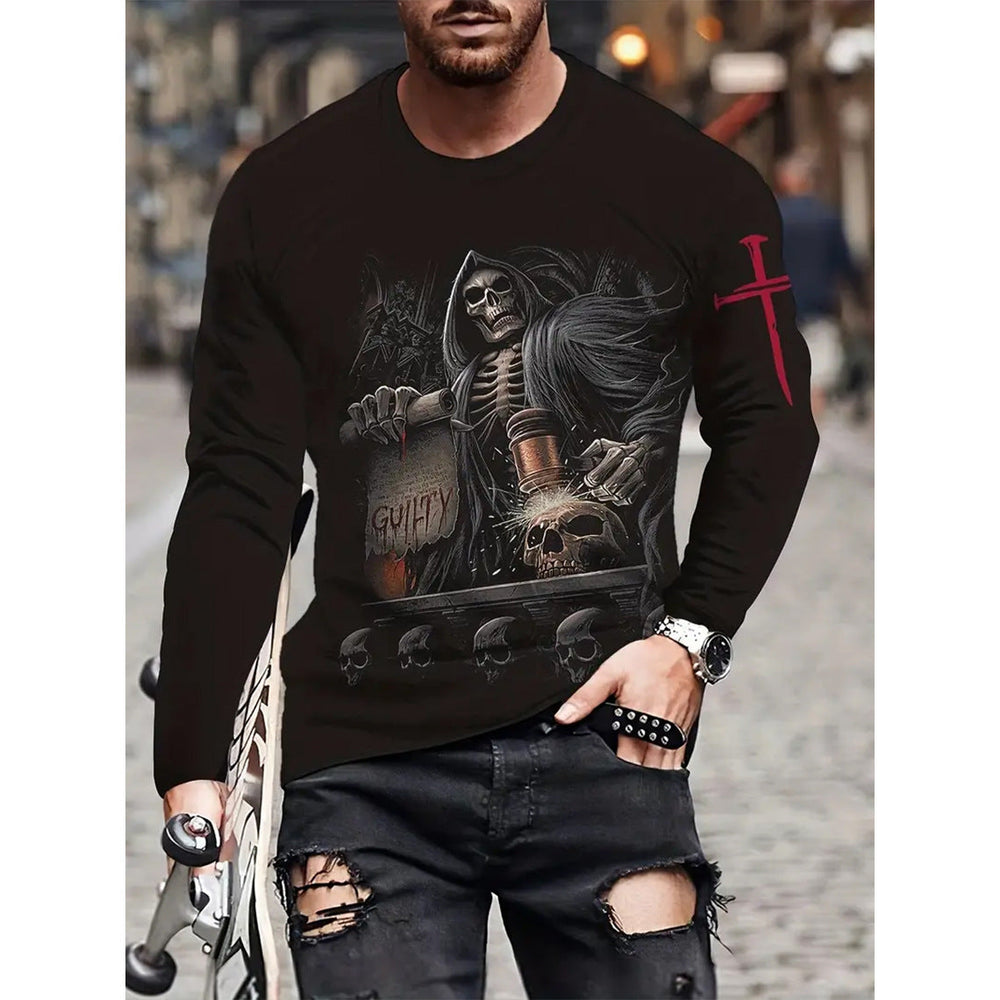 Retro Men's T-shirt 3D Printed Street Hip-hop Loose Crew Neck Casual Long Sleeve (1)
