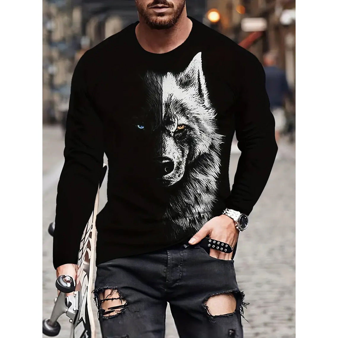 Retro Men's T-shirt 3D Printed Street Hip-hop Loose Crew Neck Casual Long Sleeve (1)