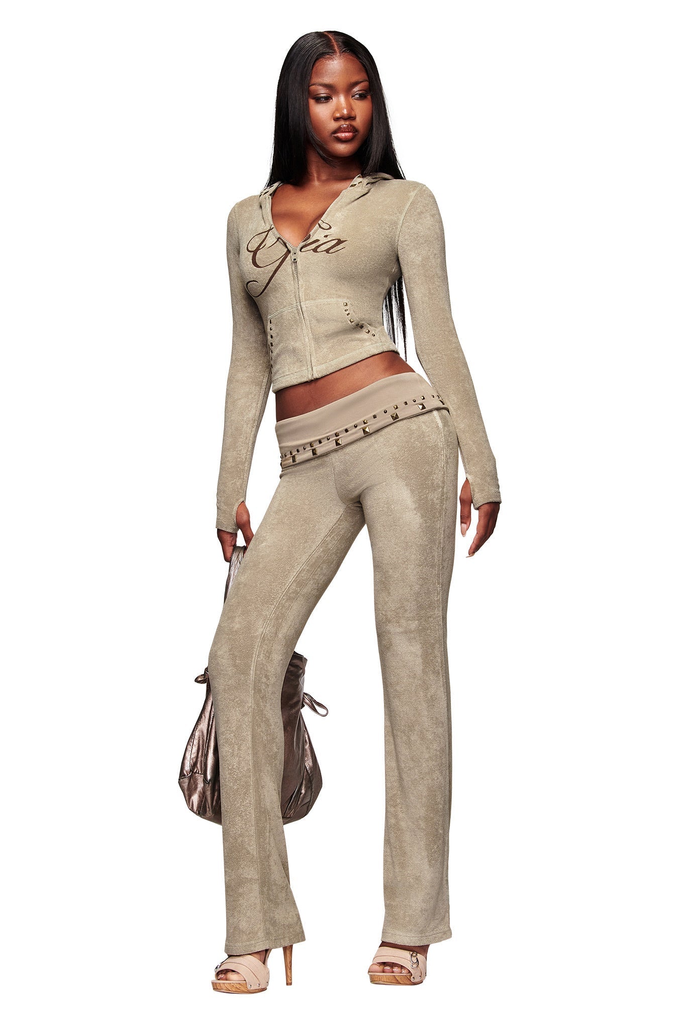 BLARE STUDDED TERRY PANT - STONE
