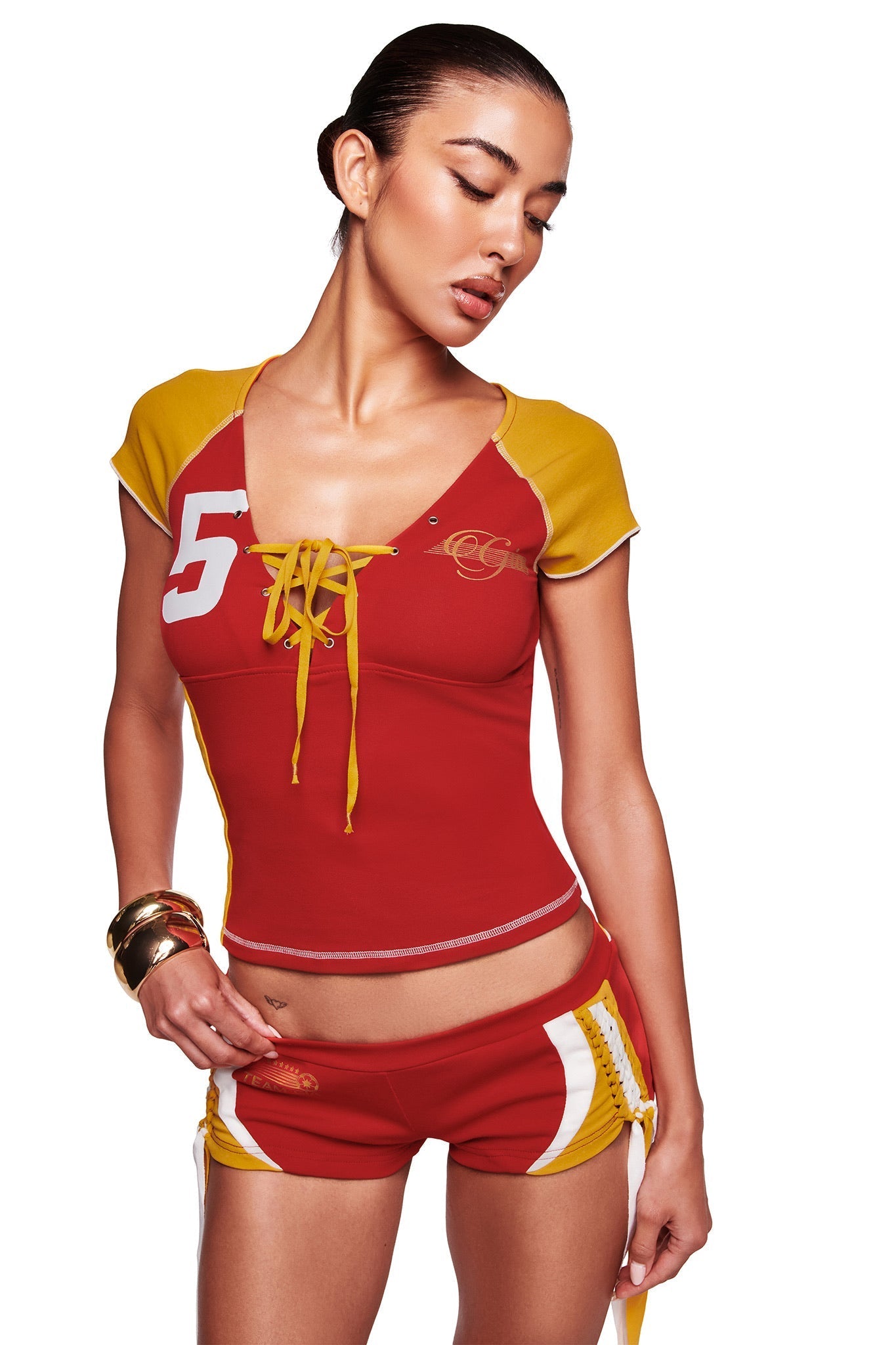NOVIA LACE-UP T-SHIRT AND HEADBAND - RED