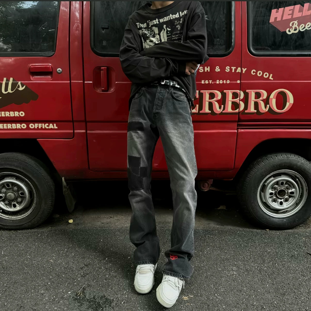 ERD 24FW Melancholic Rich Second Generation Black Corduroy Patch Damaged Embroidered Party Pants