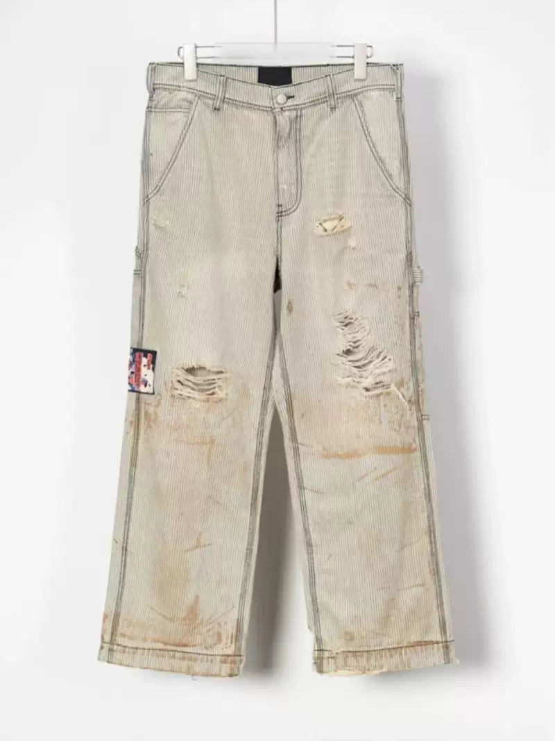 ERD Distressed Workwear Stripe Pants - Champagne