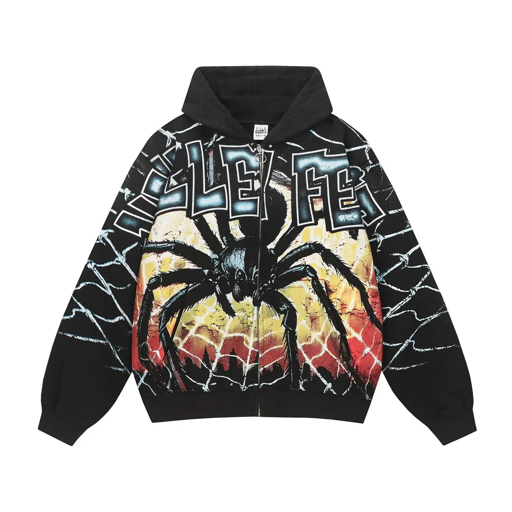 Foreign Trade Fashion Vale Retro Printed Coat High Street Trendy Casual Hip Hop Fashion Men's and Women's Hooded Cardigan Sweatshirt (1)