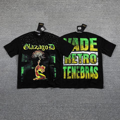 GLAZA GOD Men's Gothic Graphic Oversized T-Shirt – Green Print Streetwear Double-Sided Casual Tee