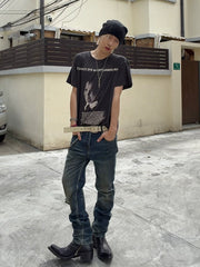 Cousin produces ERD melancholic rich second-generation washed distressed vintage blue straight leg jeans