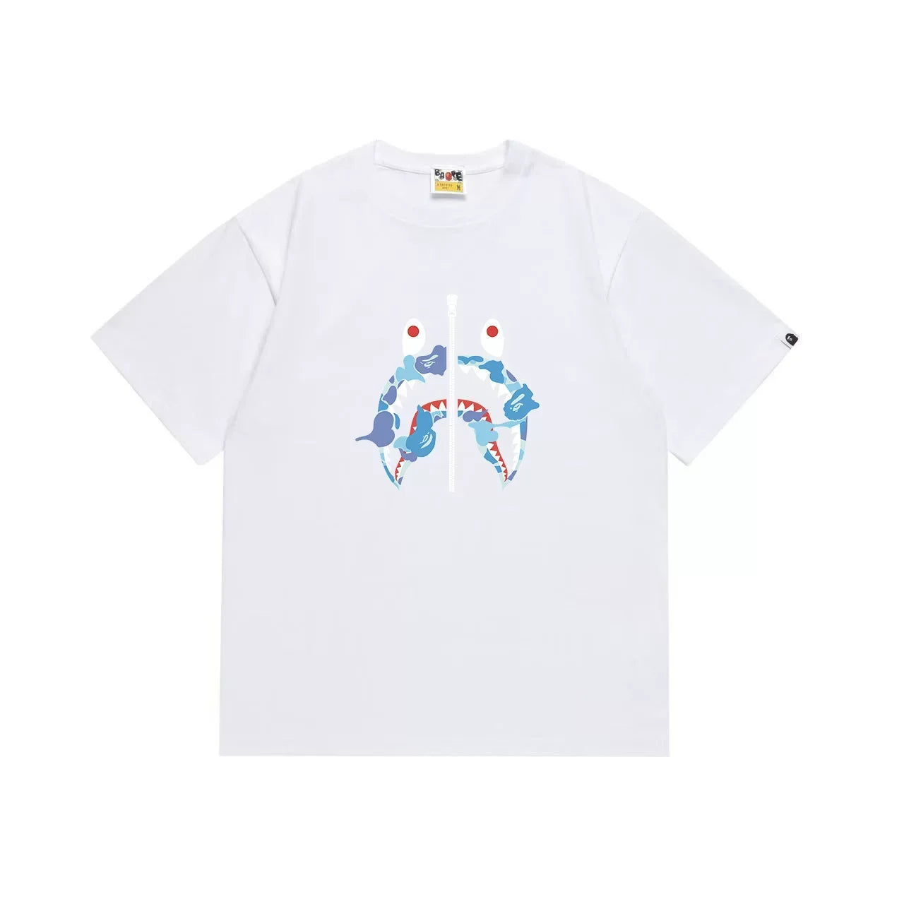 BAPE Style Camo Shark Full-Zip Motif Short-Sleeve Tee - White/Blue