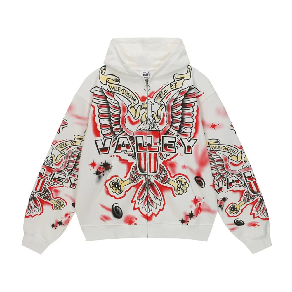 Foreign Trade Fashion Vale Retro Printed Coat High Street Trendy Casual Hip Hop Fashion Men's and Women's Hooded Cardigan Sweatshirt (3)