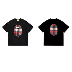 BAPE Style Tartan Plaid Ape Head Short-Sleeve Tee - Black