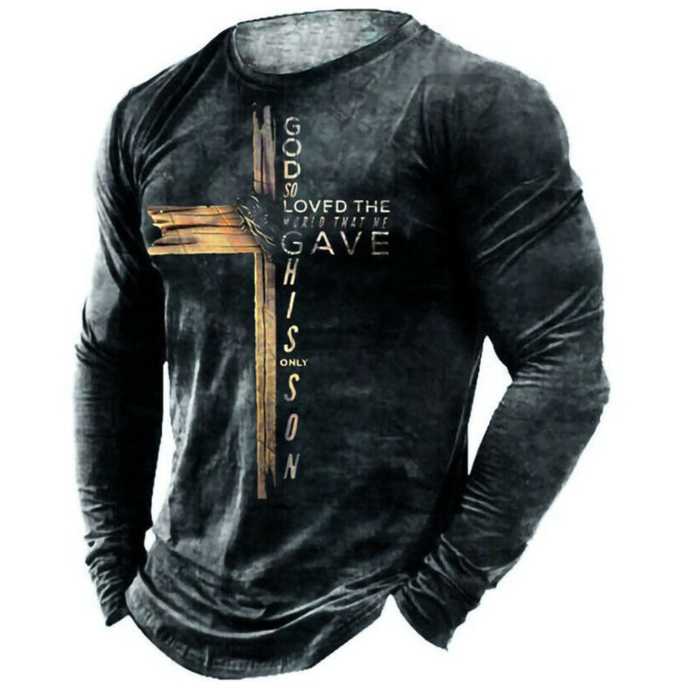Retro Men's T-shirt 3D Printed Street Hip-hop Loose Crew Neck Casual Long Sleeve (1)
