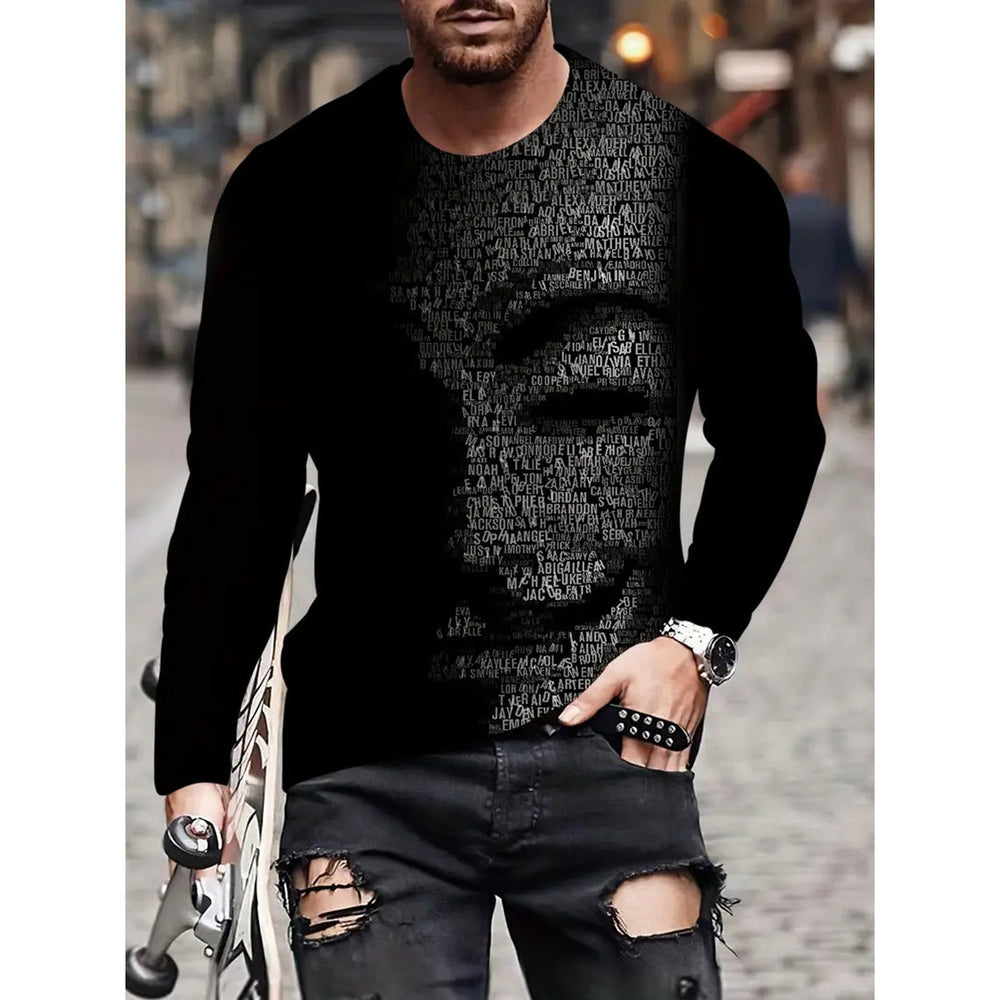 Retro Men's T-shirt 3D Printed Street Hip-hop Loose Crew Neck Casual Long Sleeve (1)