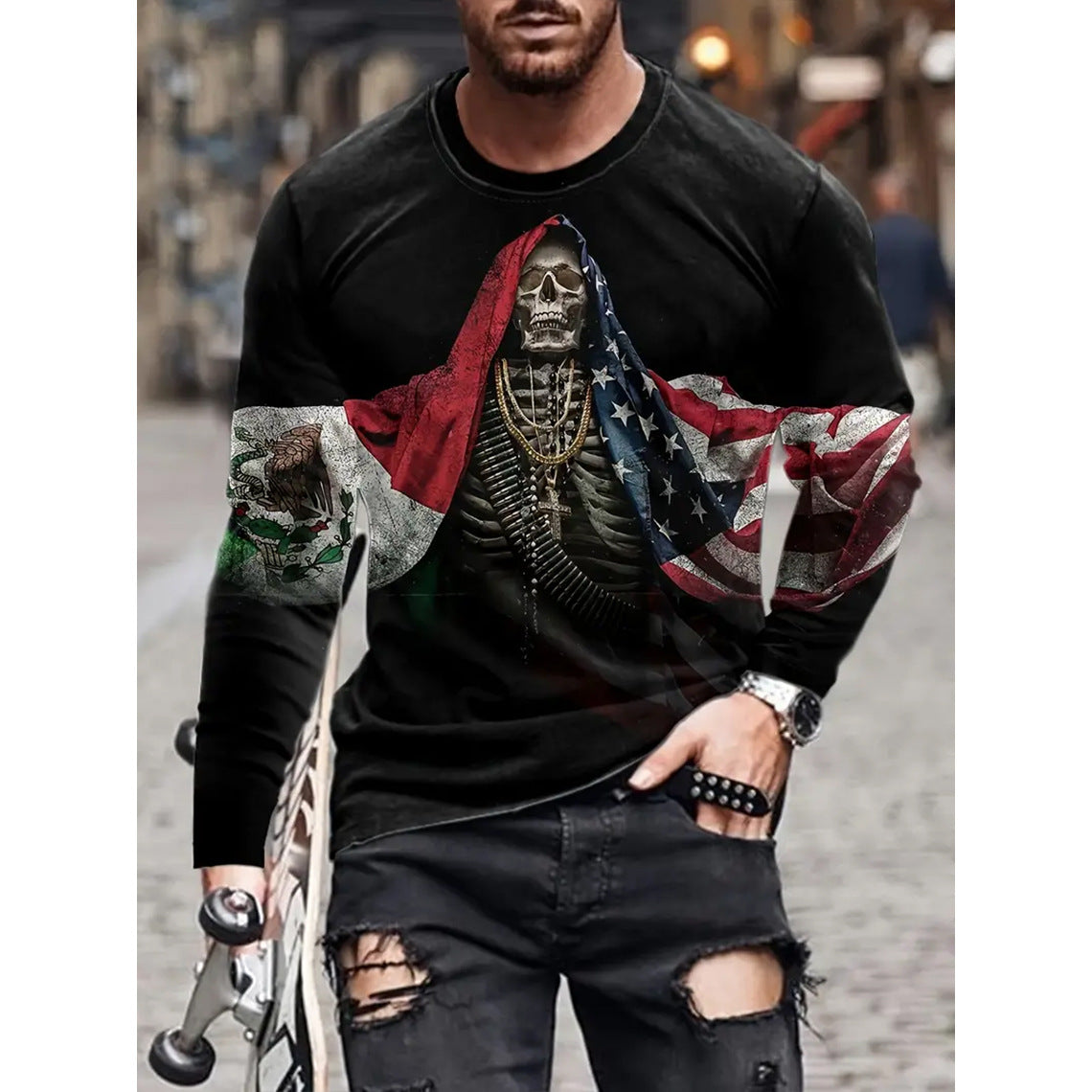 Retro Men's T-shirt 3D Printed Street Hip-hop Loose Crew Neck Casual Long Sleeve (1)
