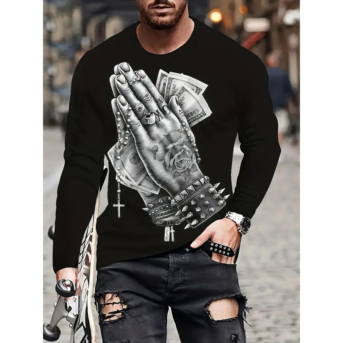 Retro Men's T-shirt 3D Printed Street Hip-hop Loose Crew Neck Casual Long Sleeve (1)