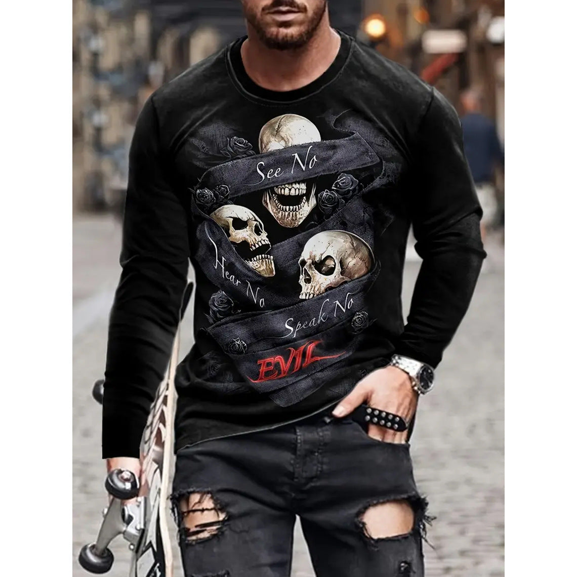 Retro Men's T-shirt 3D Printed Street Hip-hop Loose Crew Neck Casual Long Sleeve (1)